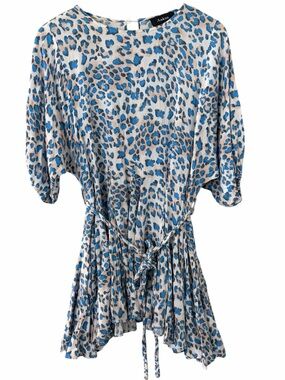 Aakaa Blue and Tan Leopard-Print Peplum Dress